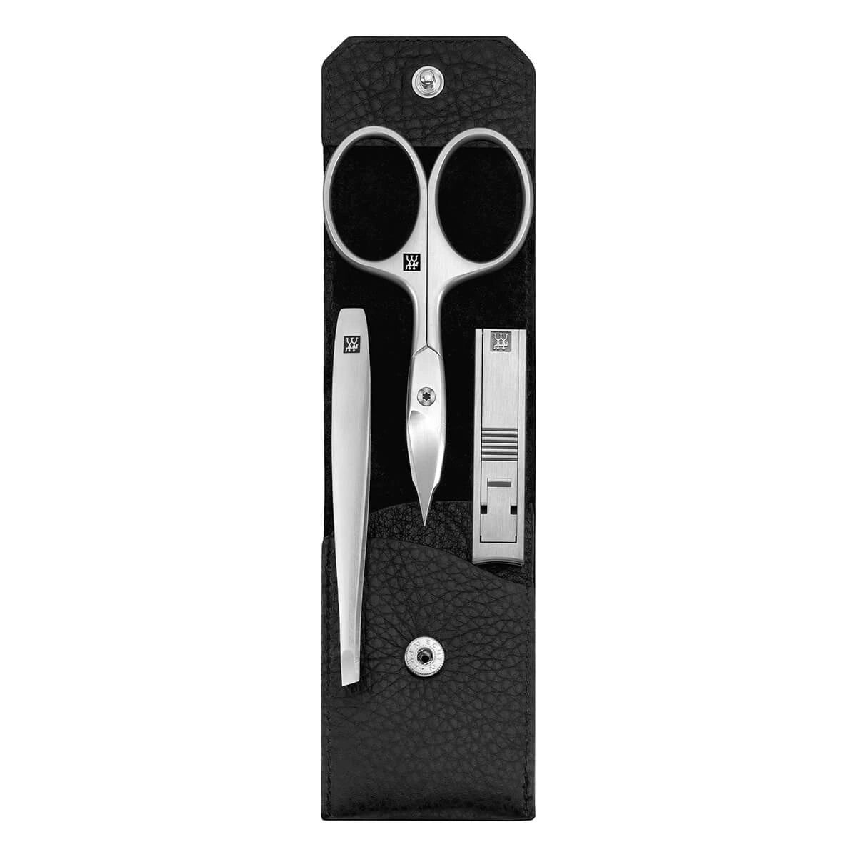 Manicure set, 3 pieces, Click-close case, Black Leather