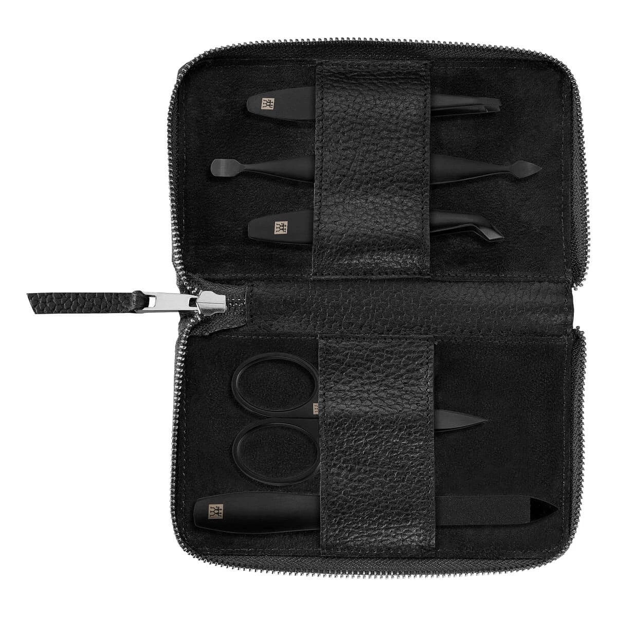 Manicure set, 5 pieces, Black, Black Leather