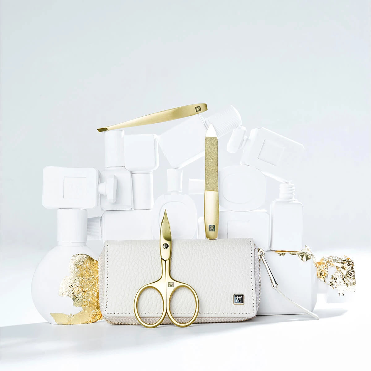 Manicure set, 3 pieces, Gold, Off-White Leather