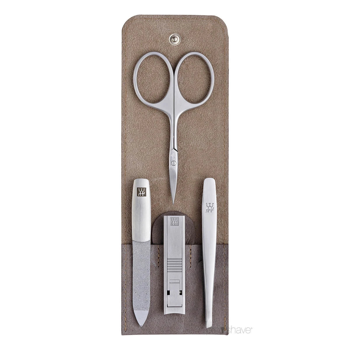 Manicure set, 4 pieces, Click-close case, Grey brown leather
