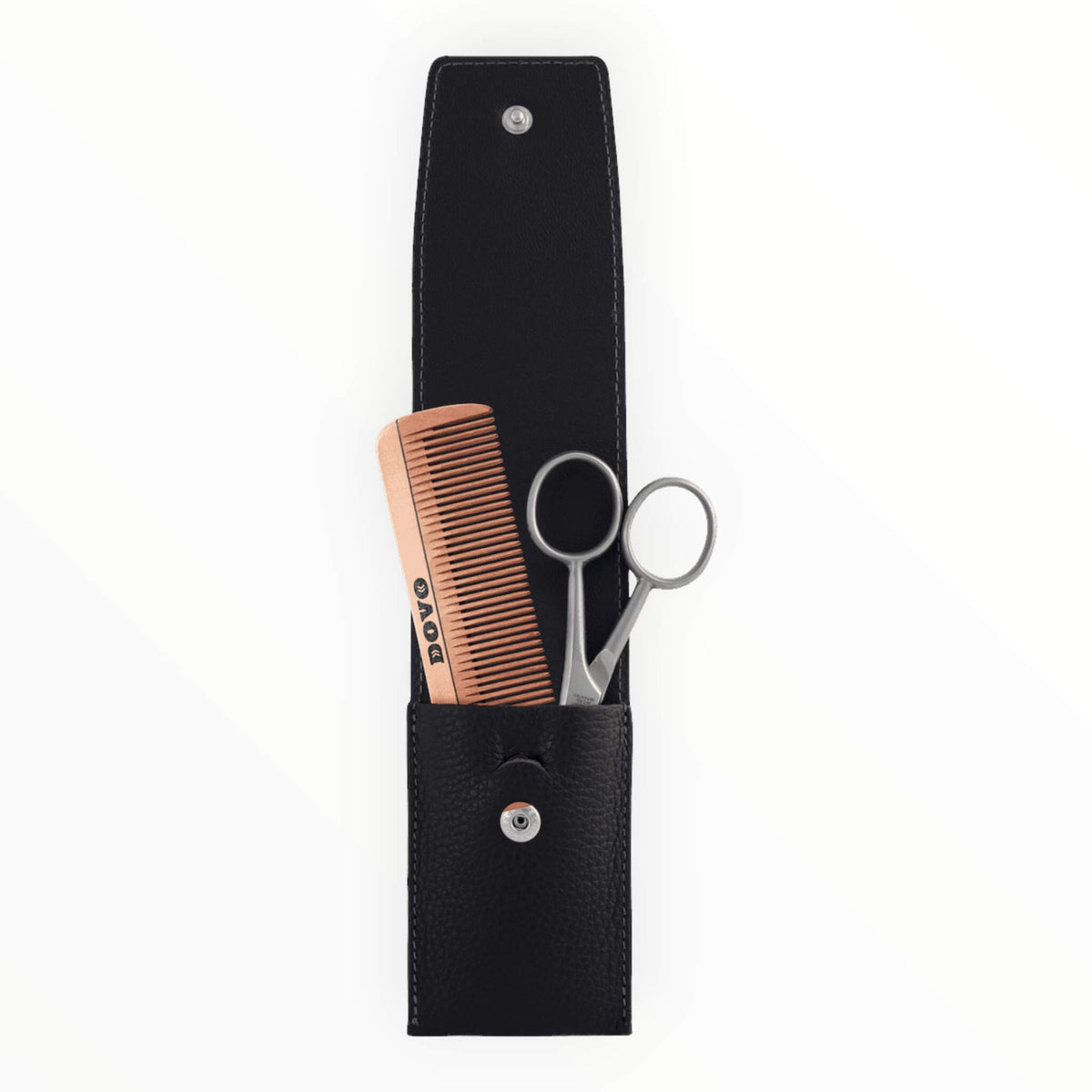 Beard & Grooming Set with wooden scissors and comb, Black leather