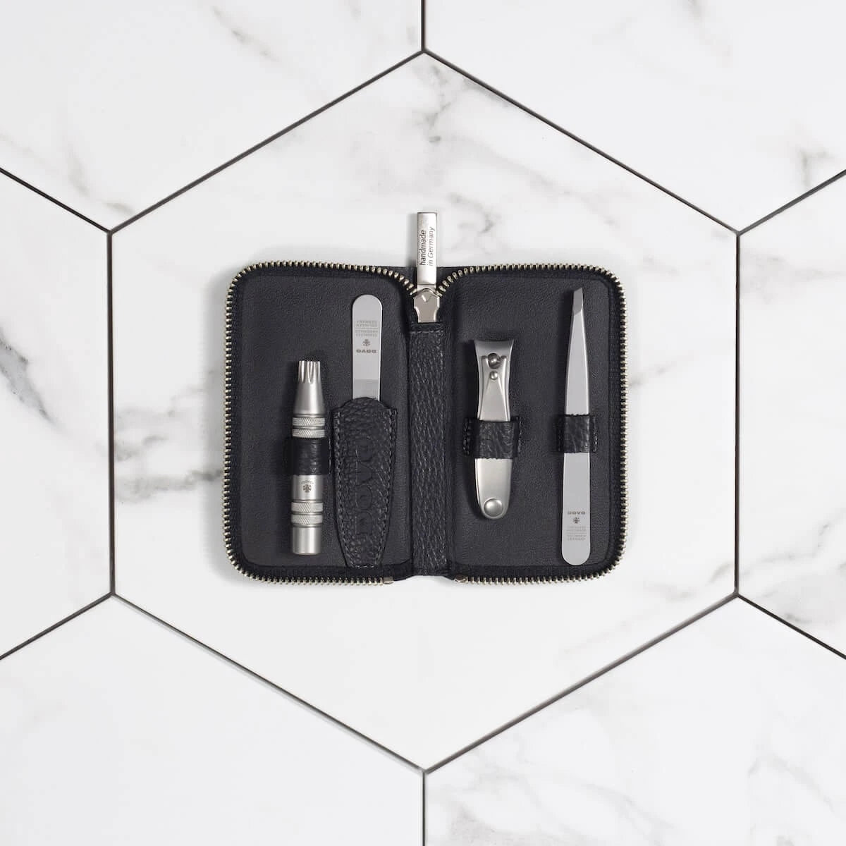 Grooming Set with 4 pieces, Black leather