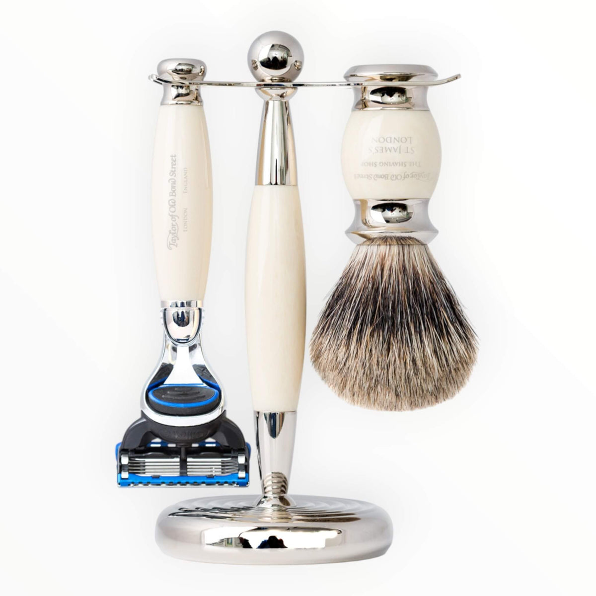 Shaving kit with Fusion Shaver, Pure Badger Shaving brush and holder, imit. ivory