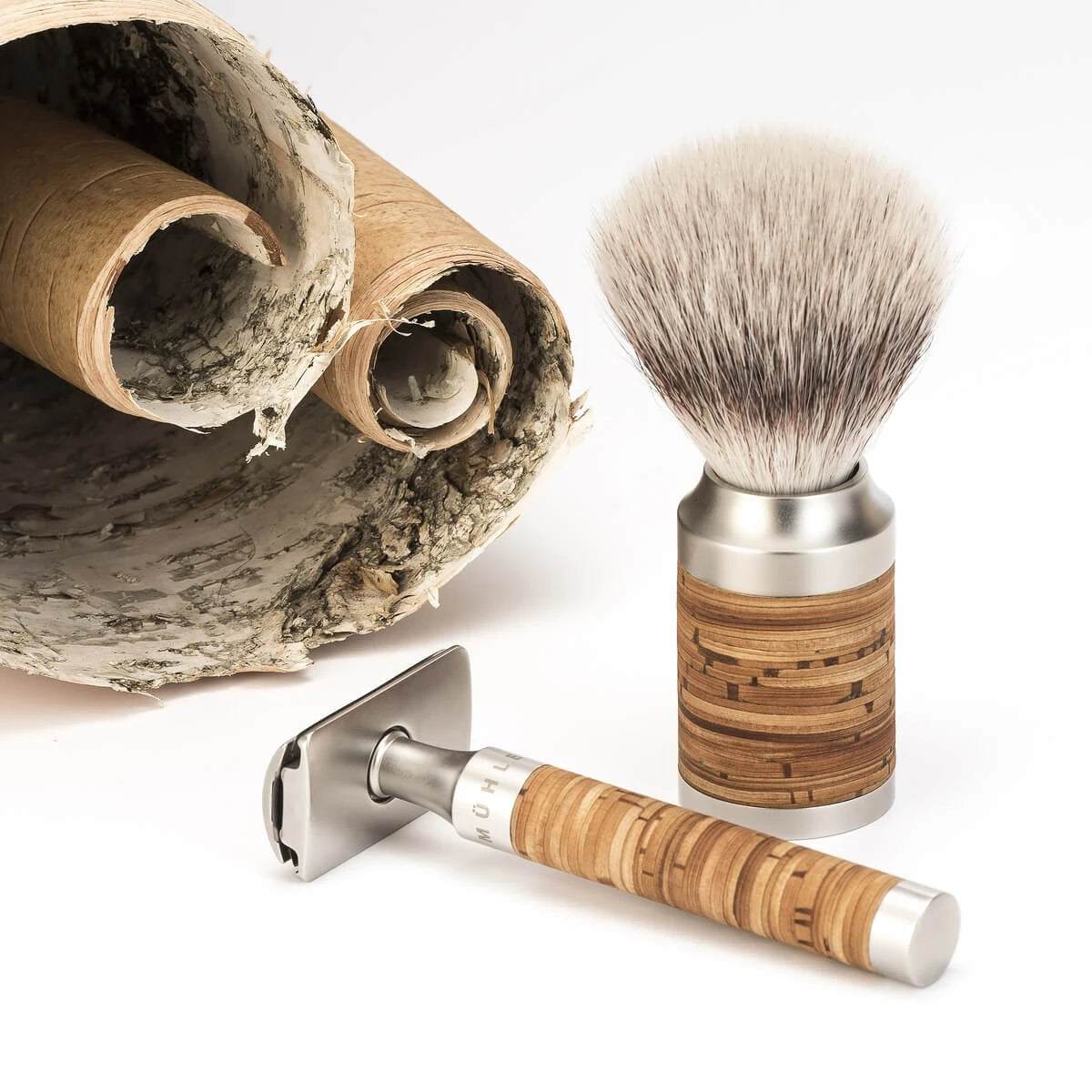 Shaving set with DE razor, Fibre Shaving Brush and Holder, Rocca, Stainless steel & Birch bark
