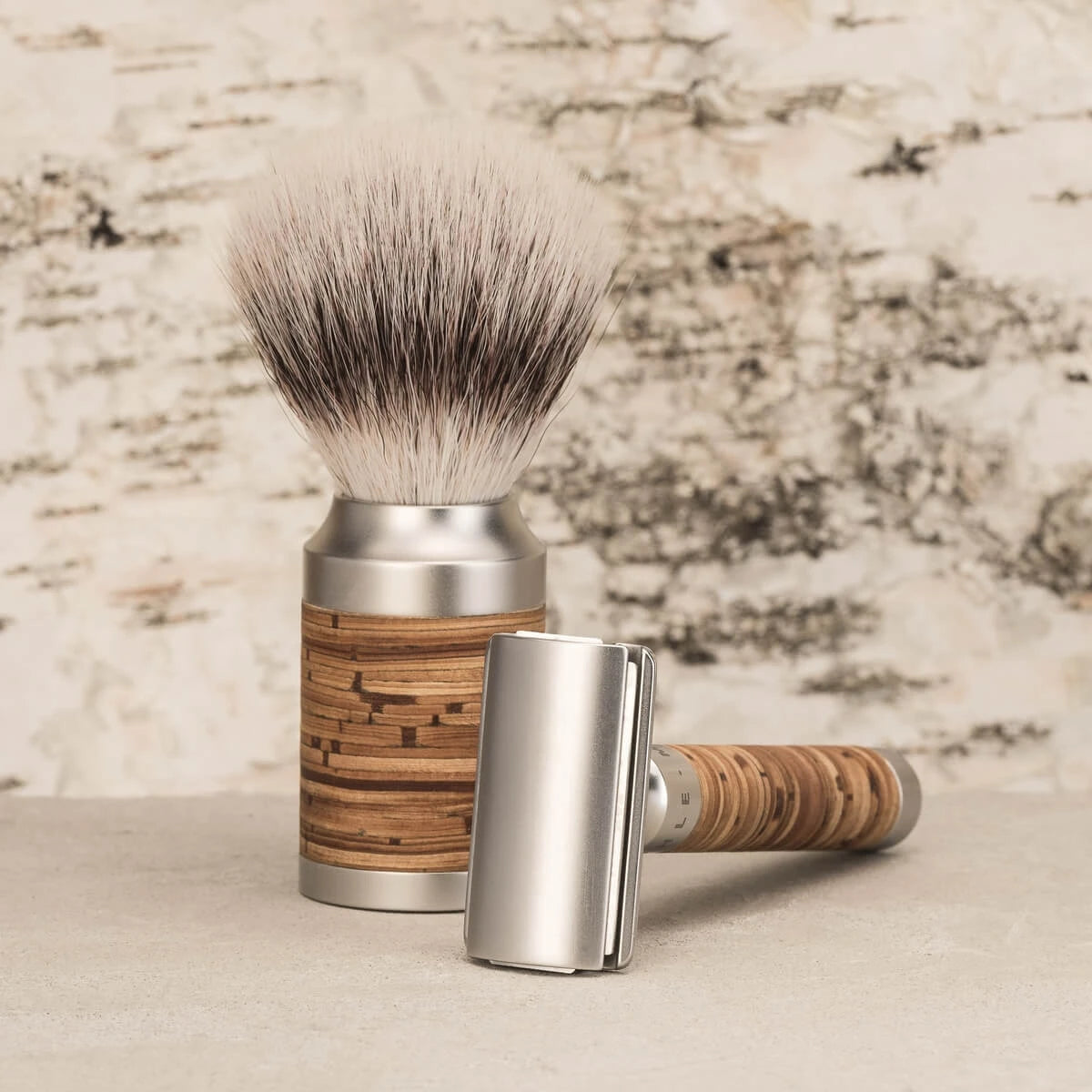 Shaving set with DE razor, Fibre Shaving Brush and Holder, Rocca, Stainless steel & Birch bark