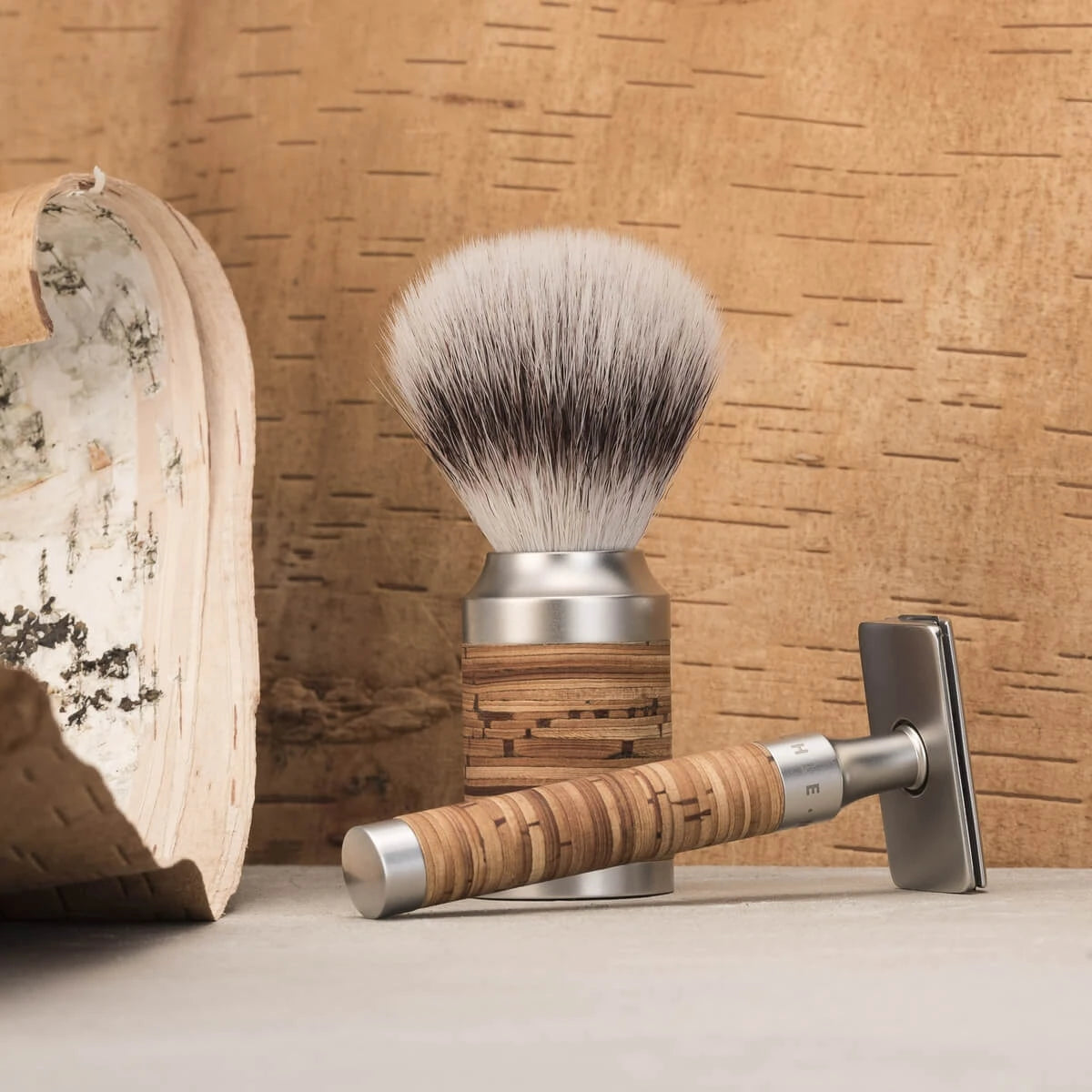 Shaving set with DE razor, Fibre Shaving Brush and Holder, Rocca, Stainless steel & Birch bark