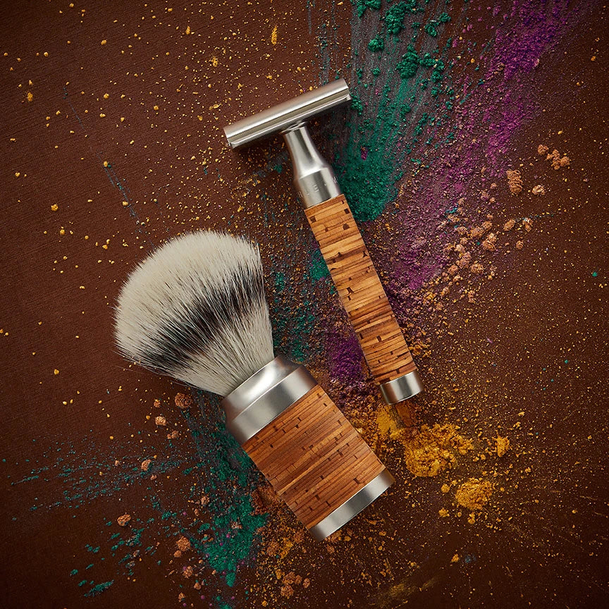 Shaving set with DE razor, Fibre Shaving Brush and Holder, Rocca, Stainless steel & Birch bark