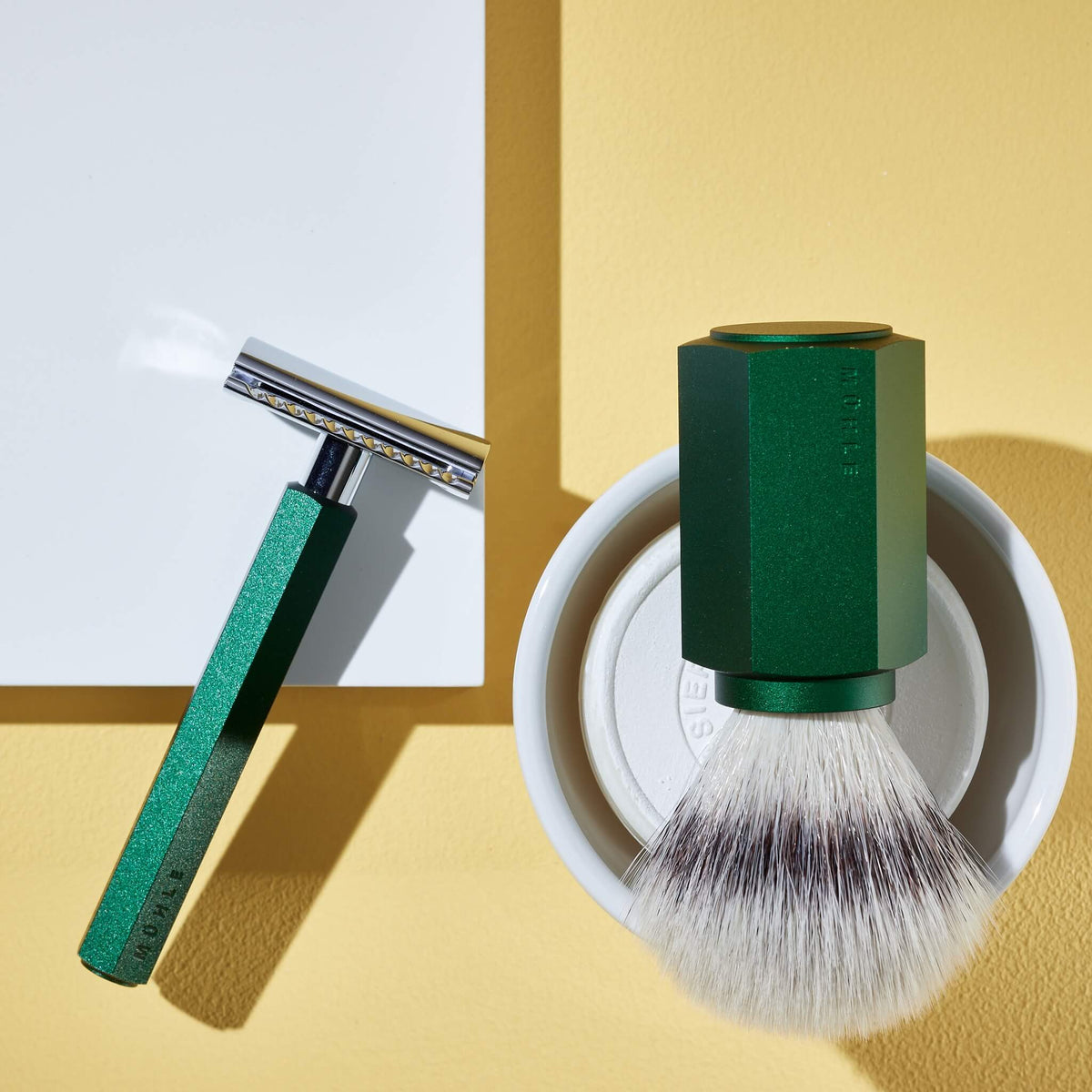 Mark Braun Shaving Kit with DE razor, Shaving Brush and Holder, Hexagon, Aluminum Forest