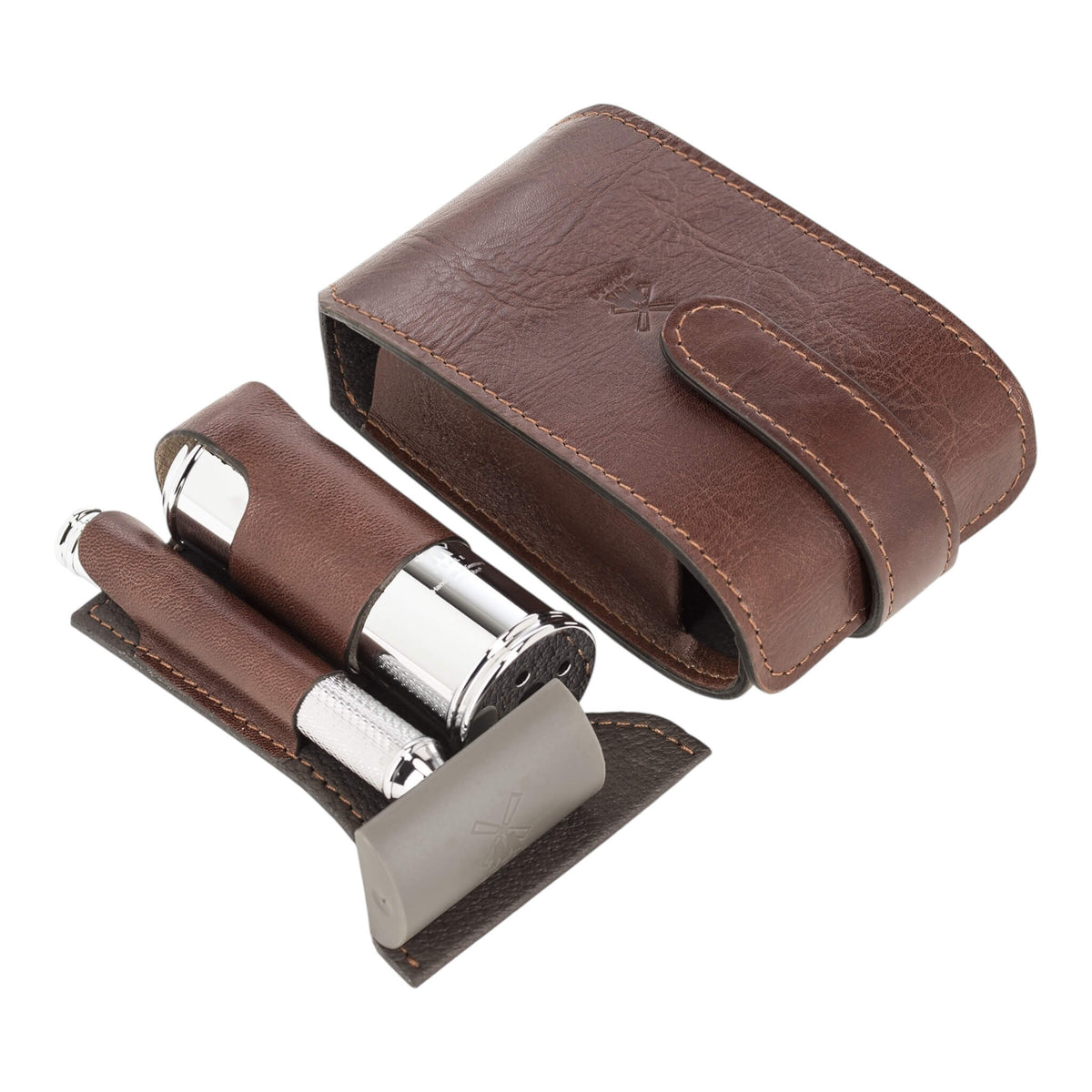 Travel set with DE razor and Brush, Brown leather
