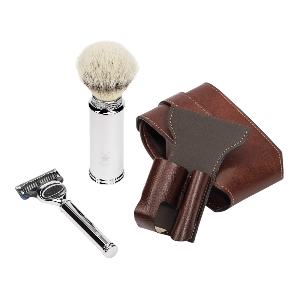 Travel shaving kit with Shaver and Brush, Brown leather
