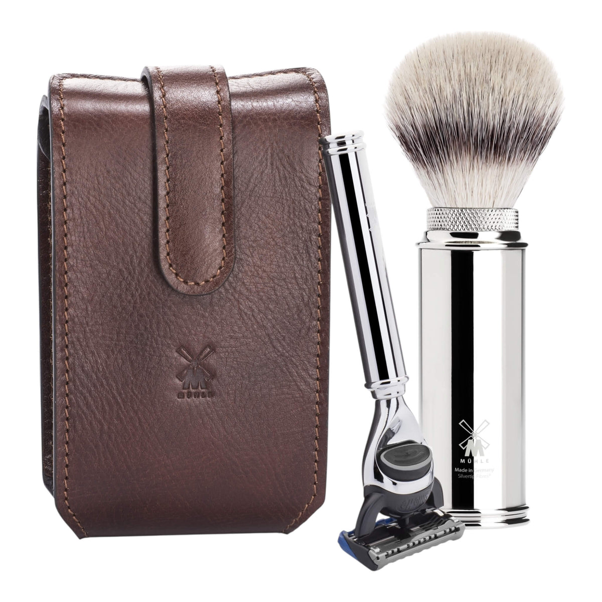 Travel shaving kit with Shaver and Brush, Brown leather