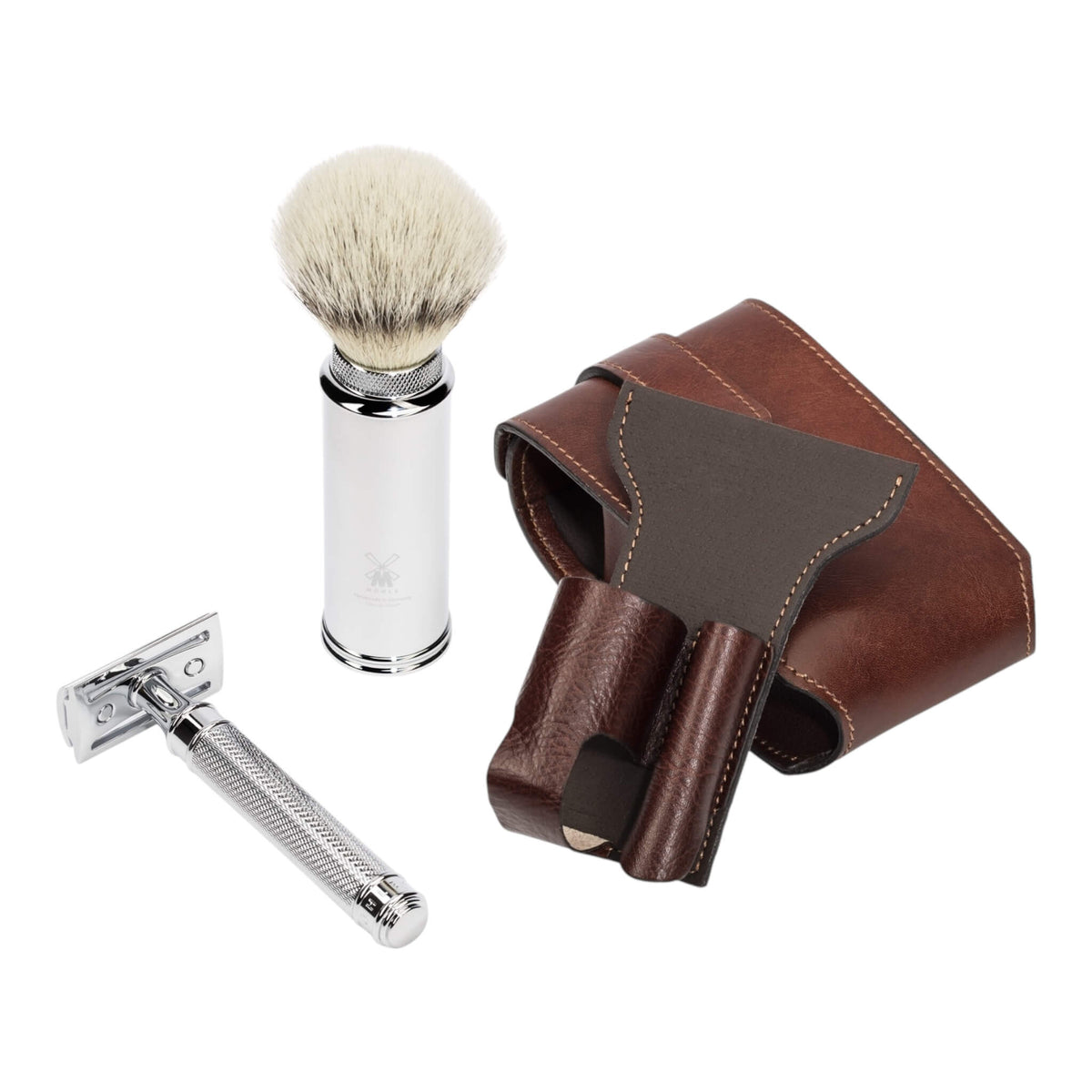 Travel set with DE razor and Brush, Brown leather