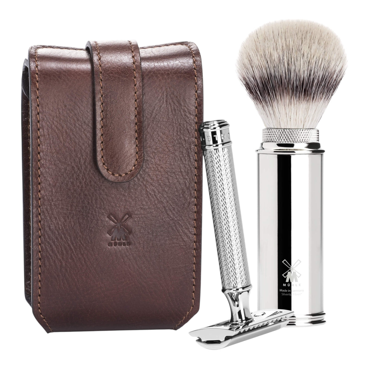 Travel set with DE razor and Brush, Brown leather