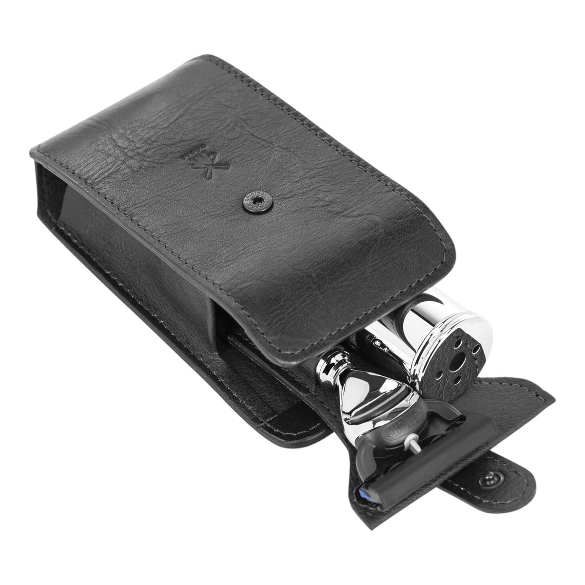 Travel shaving kit with Shaver and Brush, Black leather