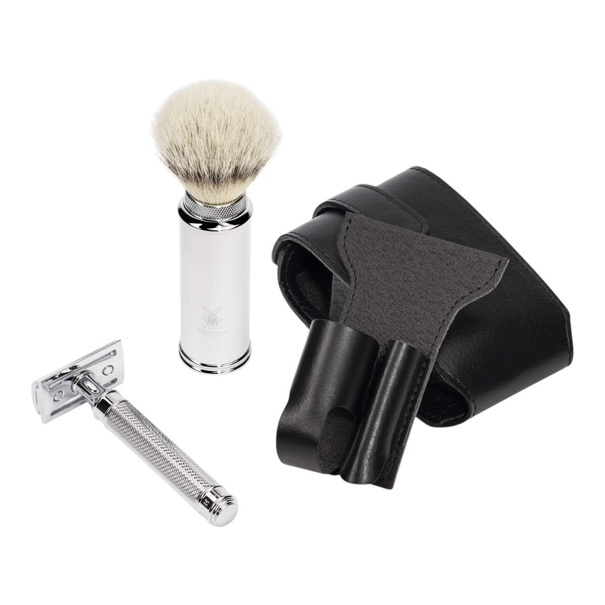 Travel set with DE razor and Brush, Black leather