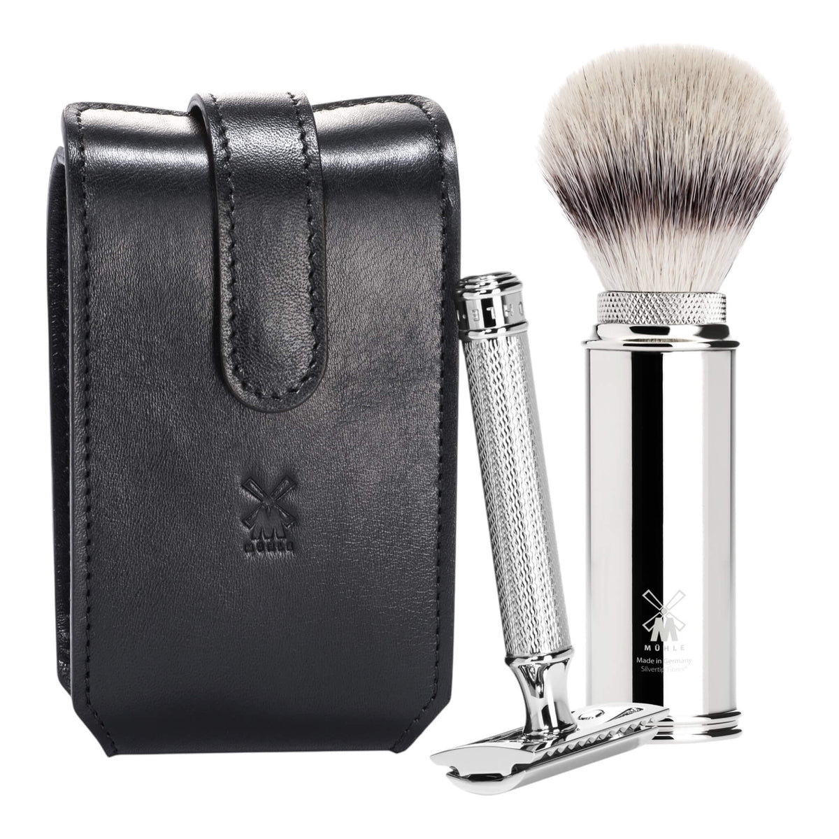 Travel set with DE razor and Brush, Black leather