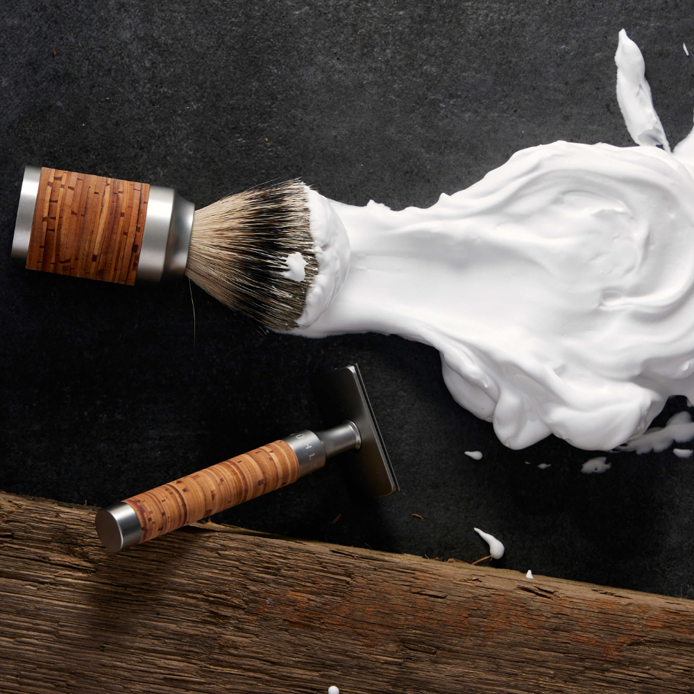 Shaving set with DE razor, Shaving Brush and Holder, Rocca, Stainless steel & Birch bark