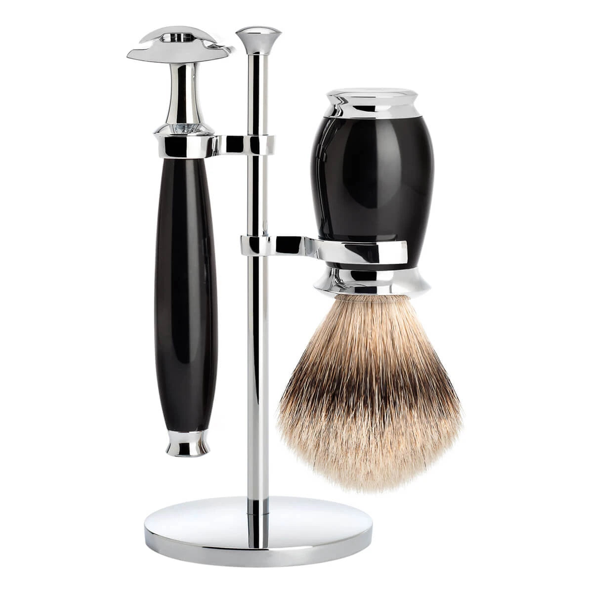 Shaving kit with DE razor, Silvertip Shaving Brush and Holder, Purist, Black Resin