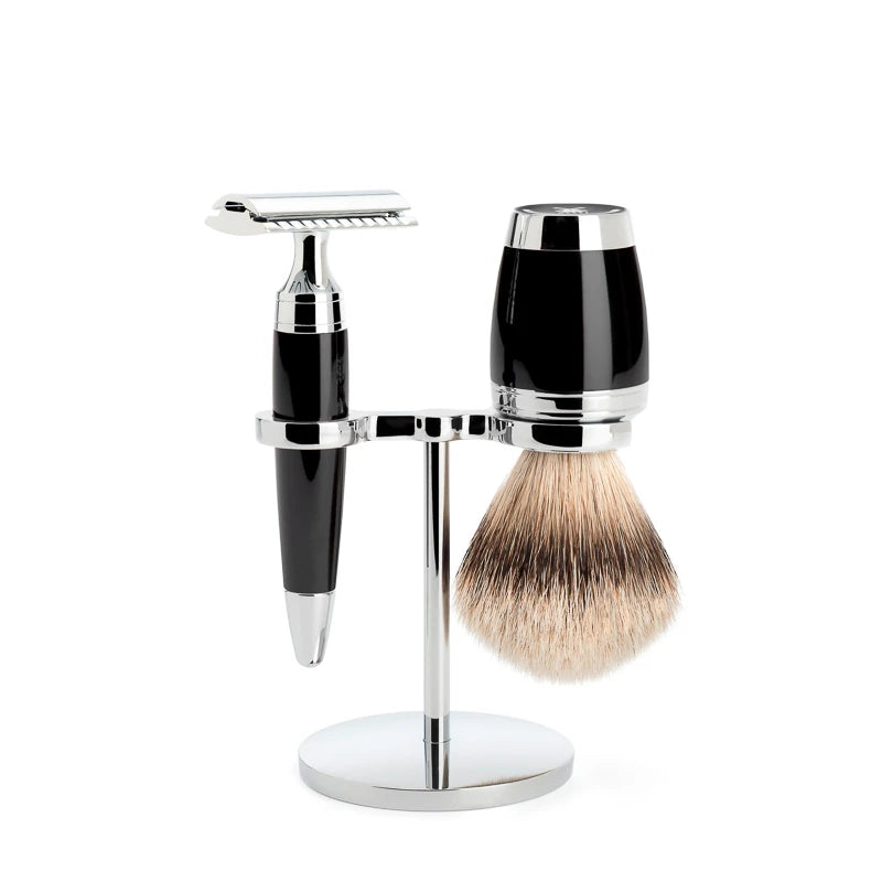 Shaving kit with DE razor, Silvertip Shaving Brush and Holder, Stylo, Black Resin