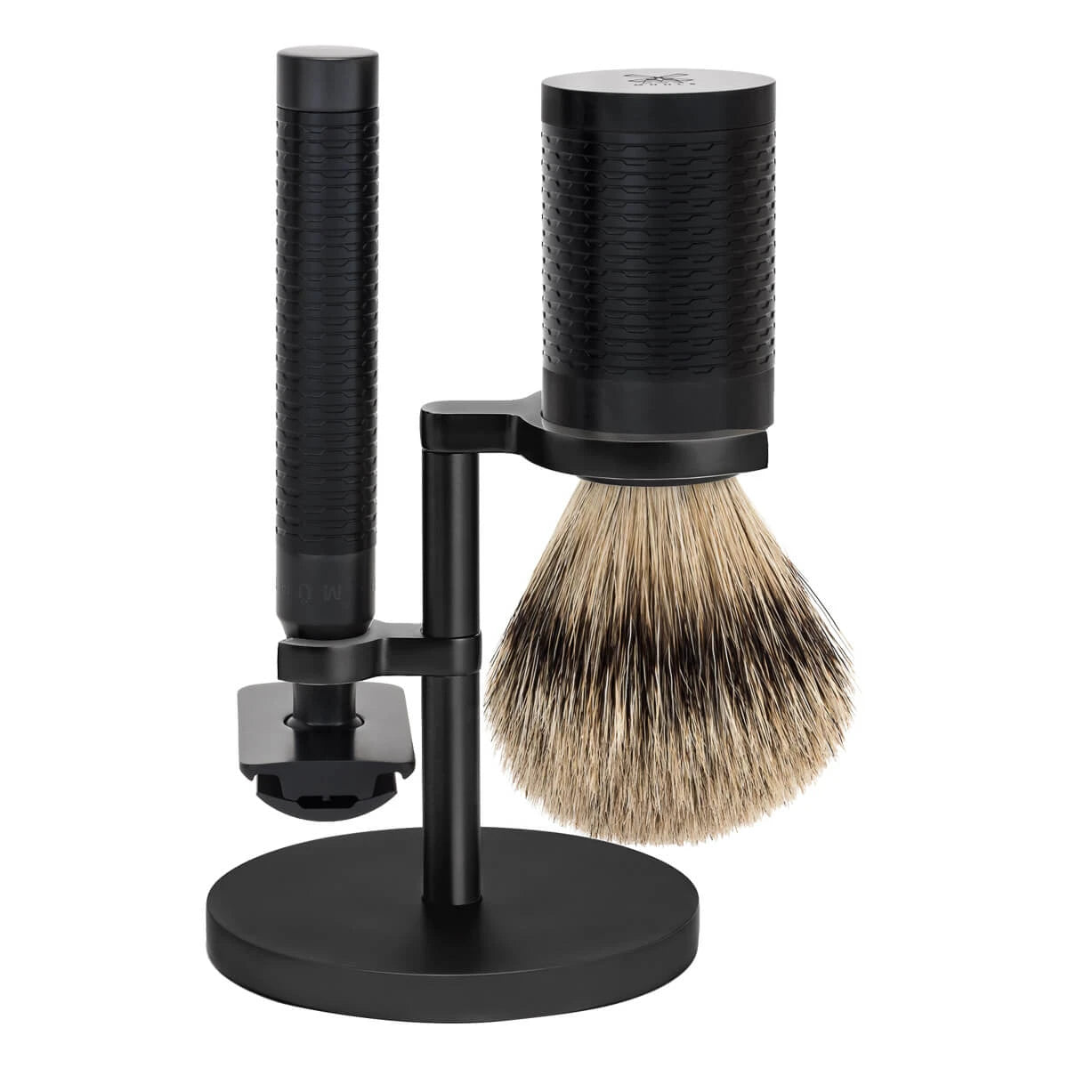 Shaving set with DE razor, Shaving brush and holder, Rocca, Black stainless steel