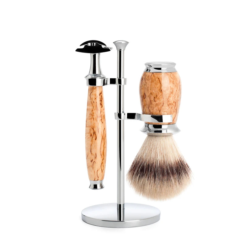 Shaving set with DE razor, Shaving brush and holder, Purist, Karelian burl birch