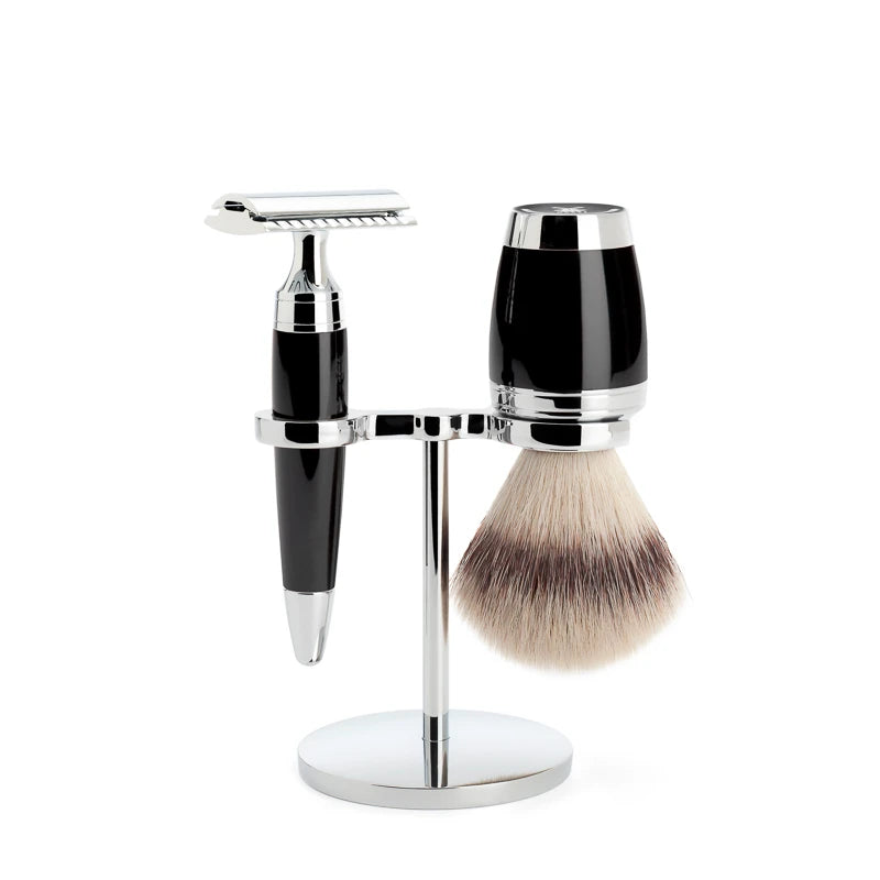 Shaving kit with DE razor, Shaving brush and holder, Stylo, Black Resin
