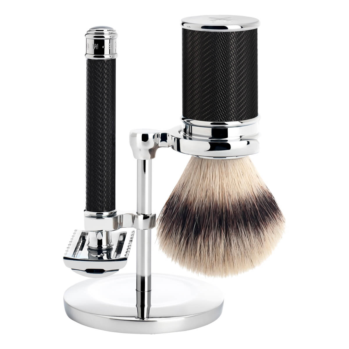 Shaving kit with DE razor (open comb), Silvertip Fibre® Shaving Brush and Holder, Traditional, Black