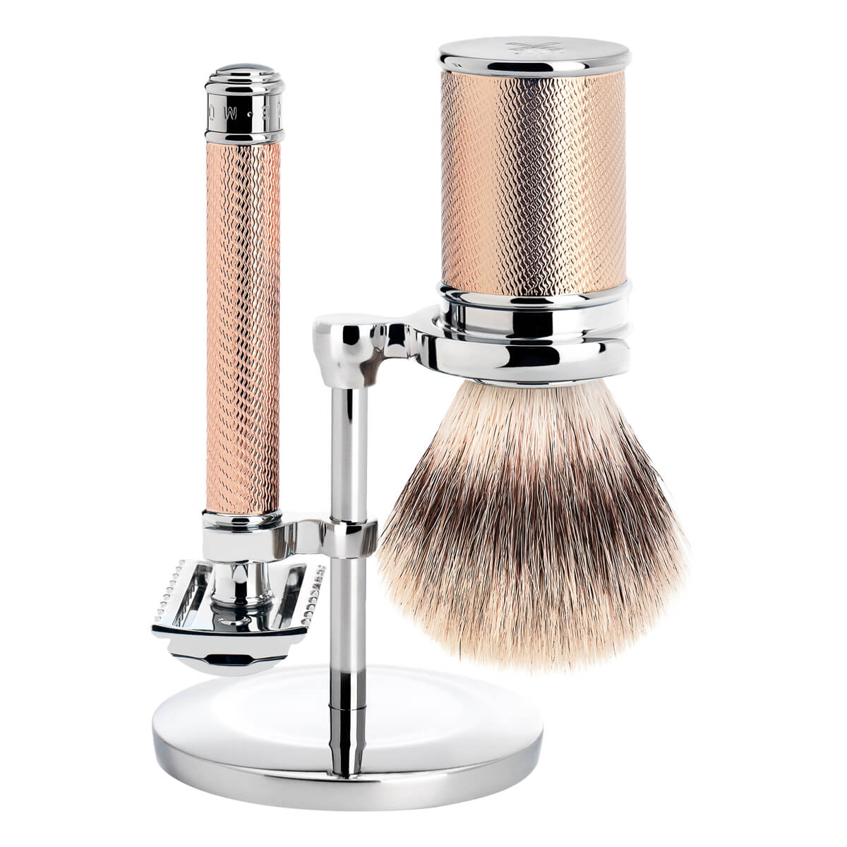 Shaving kit with DE razor (open comb), Silvertip Fibre® Shaving Brush and Holder, Traditional, Rosegold