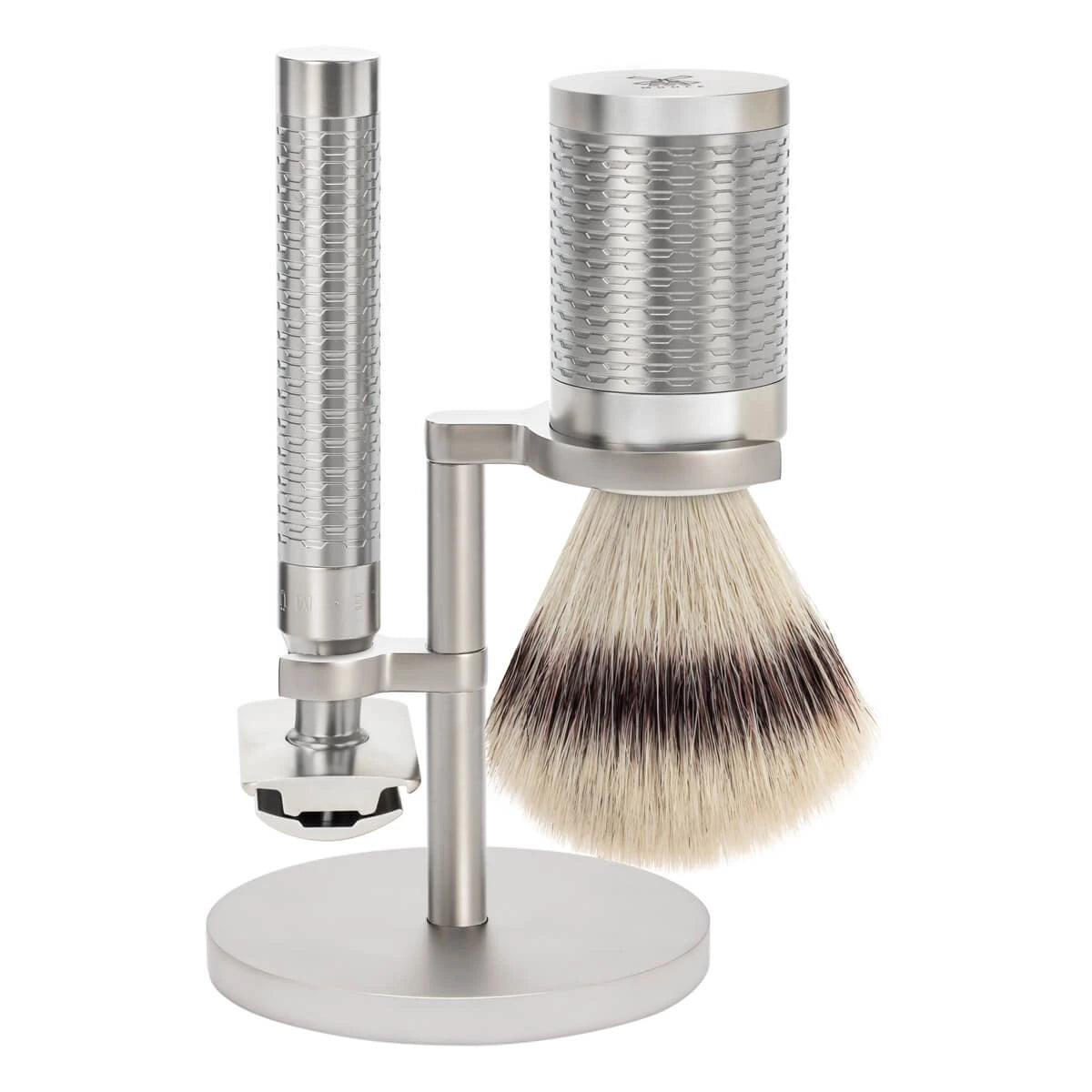 Shaving kit with DE razor, Fibre Shaving Brush and Holder, Rocca, Stainless steel - Matte finish