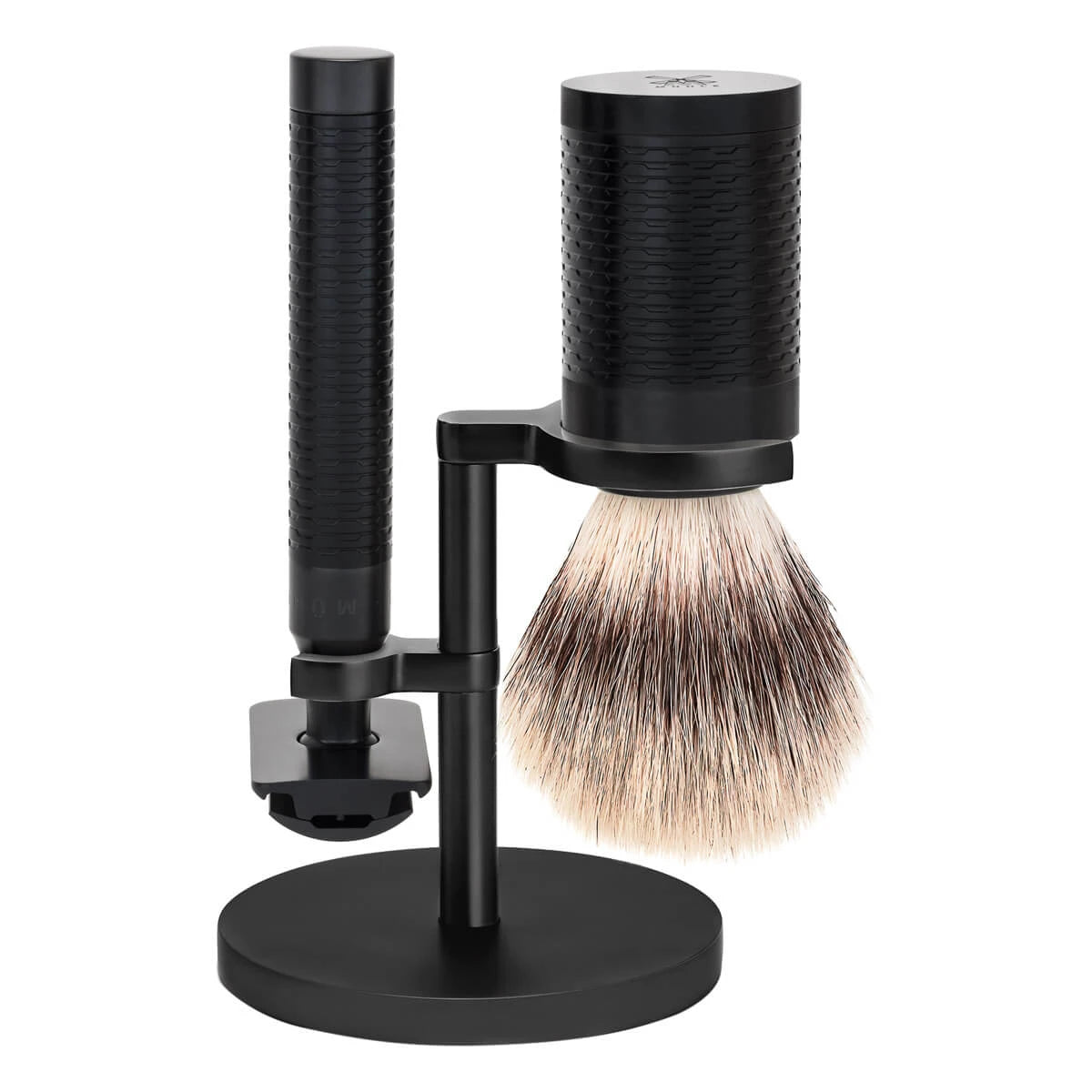 Shaving kit with DE razor, Fibre Shaving Brush and Holder, Rocca, Black stainless steel