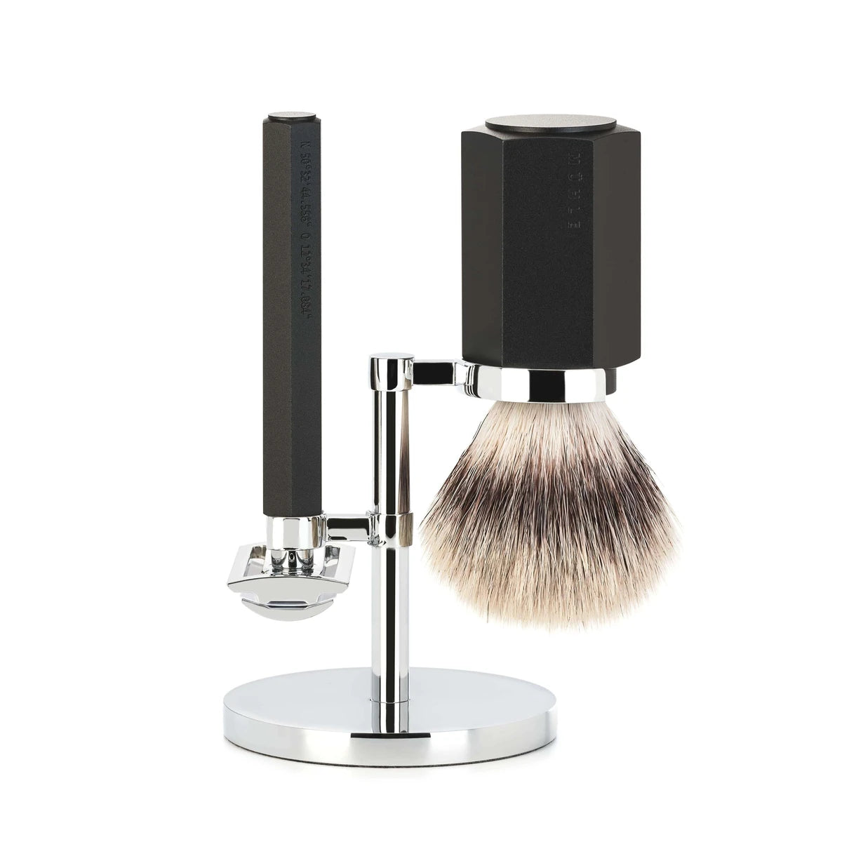Mark Braun Shaving Kit with DE razor, Shaving Brush and Holder, Hexagon, Aluminum Graphite