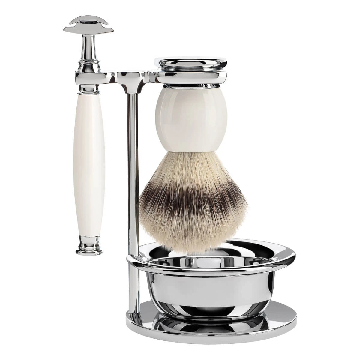 Shaving set with DE razor, Fiber Shaving Brush, Holder and Bowl, Sophist, Porcelain