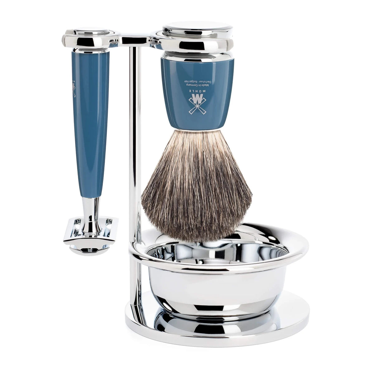 Shaving set with DE razor, Shaving Brush, Holder and Bowl, Rytmo, Petroleum blue