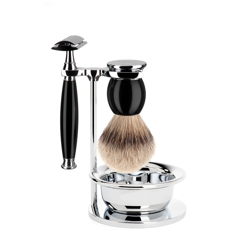 Shaving set with DE razor, Silvertip Shaving brush, holder and bowl, Sophist, Black Resin