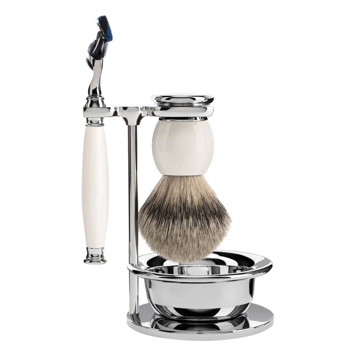 Shaving set with Shaver, Silvertip Shaving Brush, Holder and Bowl, Sophist, Porcelain