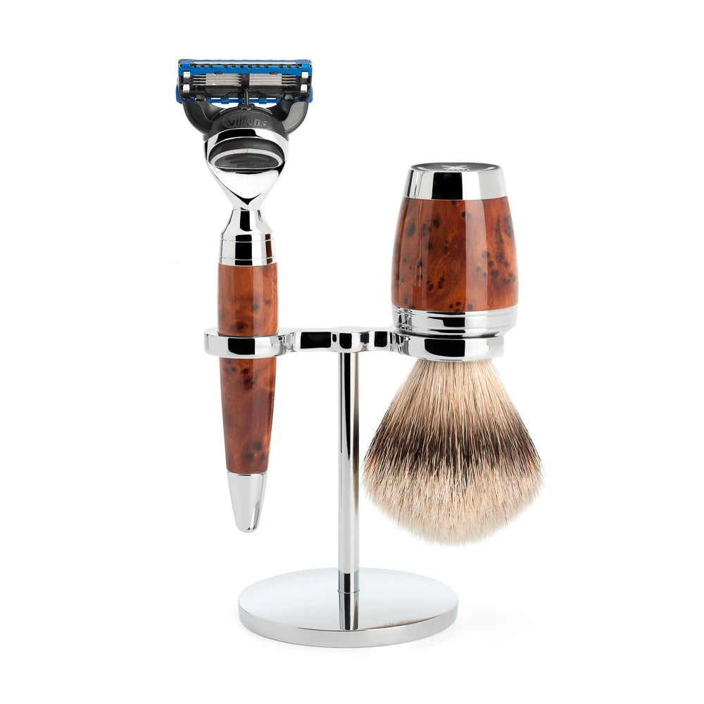 Shaving kit with Shaver, Silvertip Shaving Brush and Holder, Stylo, Thuja Wood
