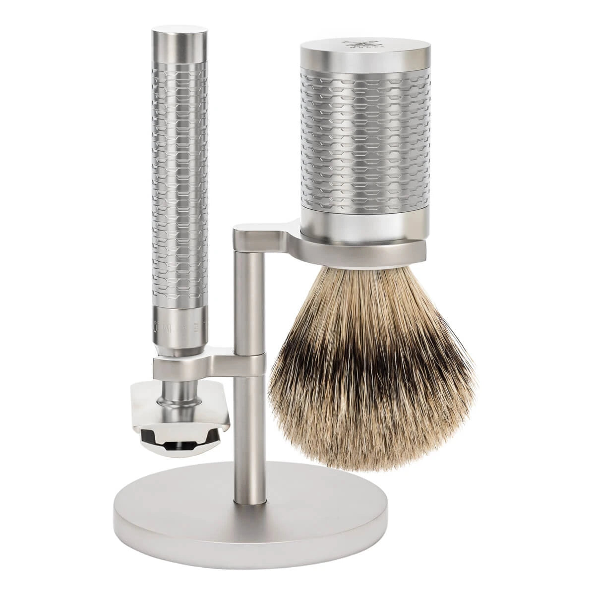 Shaving set with DE razor, Shaving brush and holder, Rocca, Stainless steel - Matte finish