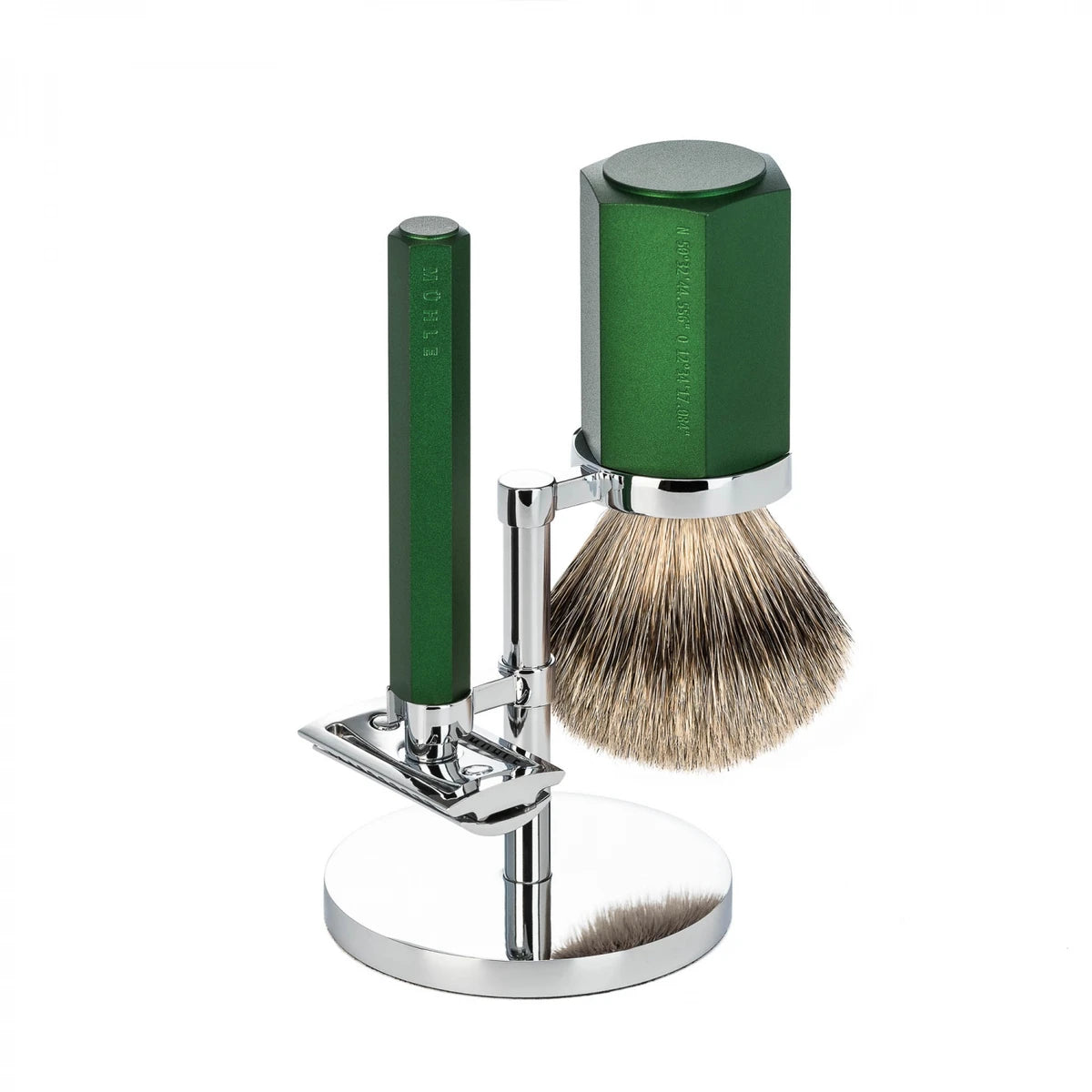 Mark Braun Shaving Kit with DE razor, Silvertip Shaving Brush and Holder, Hexagon, Aluminum Forest