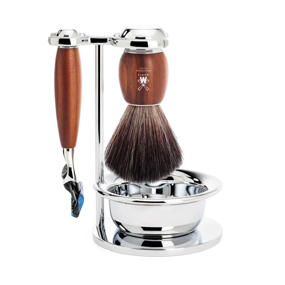 Shaving set with Fusion Shaver, Black Fibre Shaving Brush, Holder and Bowl, Vivo, Plum wood