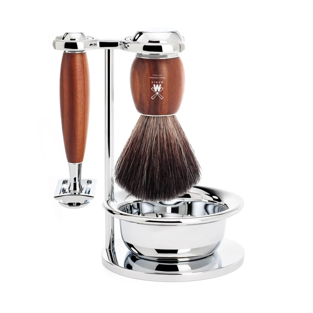 Shaving kit with DE razor, Black Fibre Shaving Brush, Holder and Bowl, Vivo, Plum wood