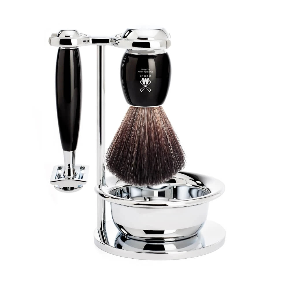 Shaving kit with DE razor, Black Fibre Shaving Brush, Holder and Bowl, Vivo, Black Resin