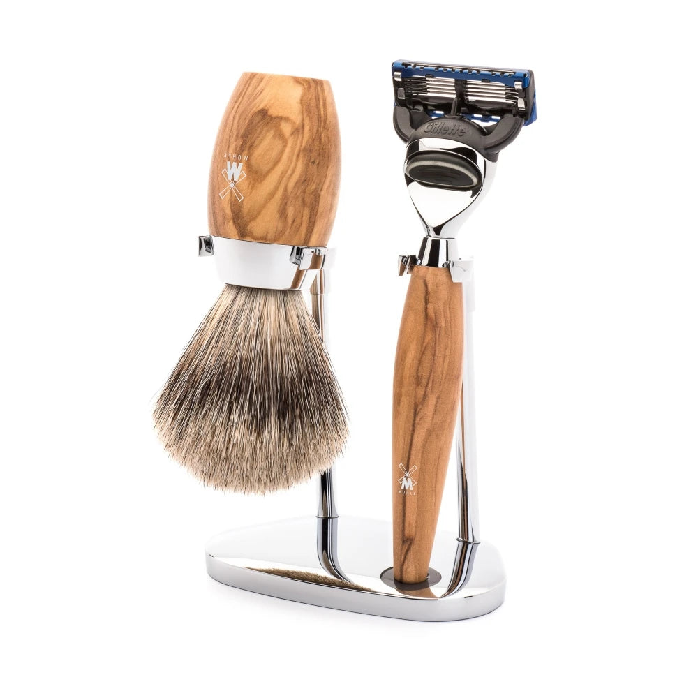 Shaving set with Shaver, Fine Badger Shaving Brush and Holder, Kosmo, Olive wood