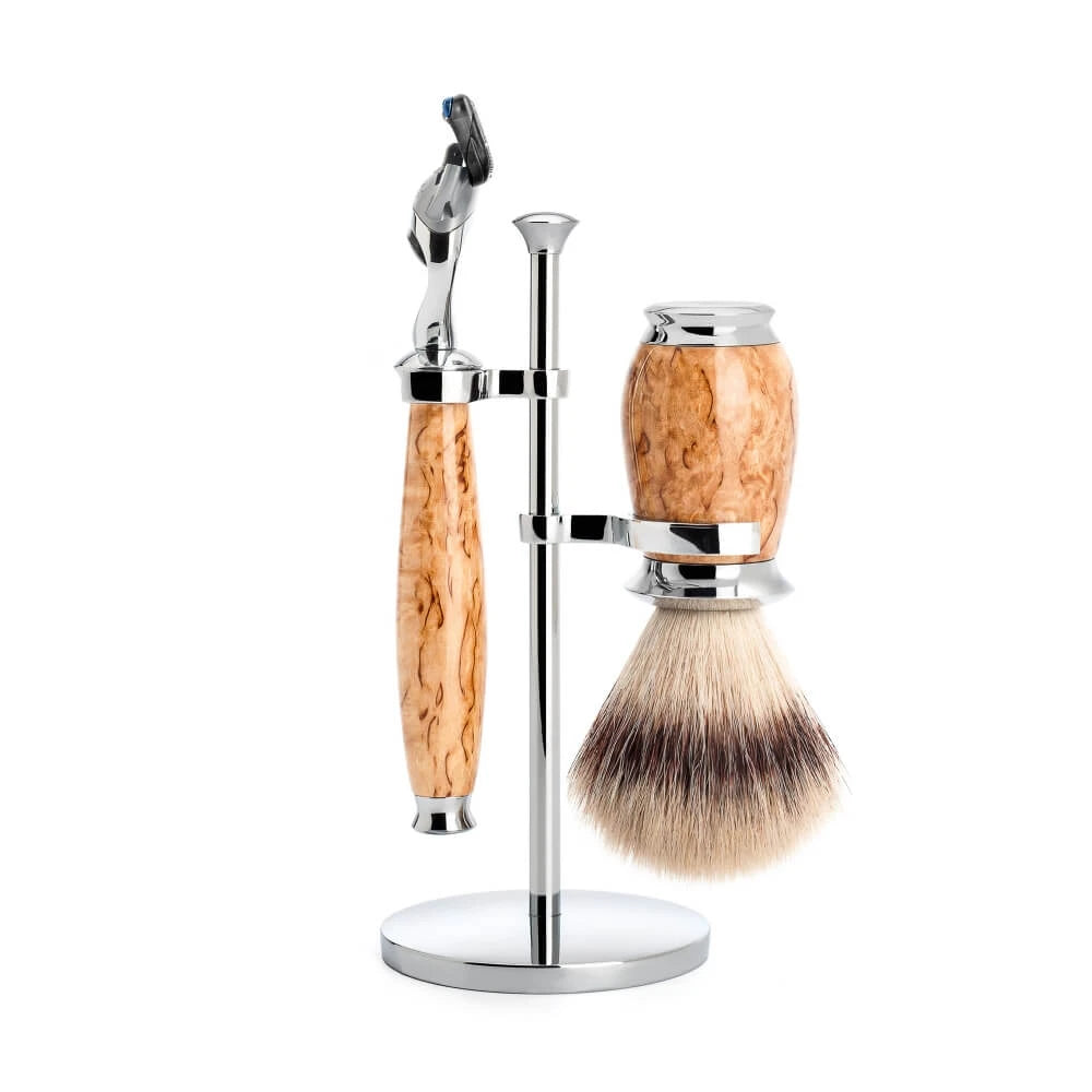 Shaving kit with Fusion Shaver, Silvertip Fibre® Shaving Brush and Holder, Purist, Karelian Burl Birch