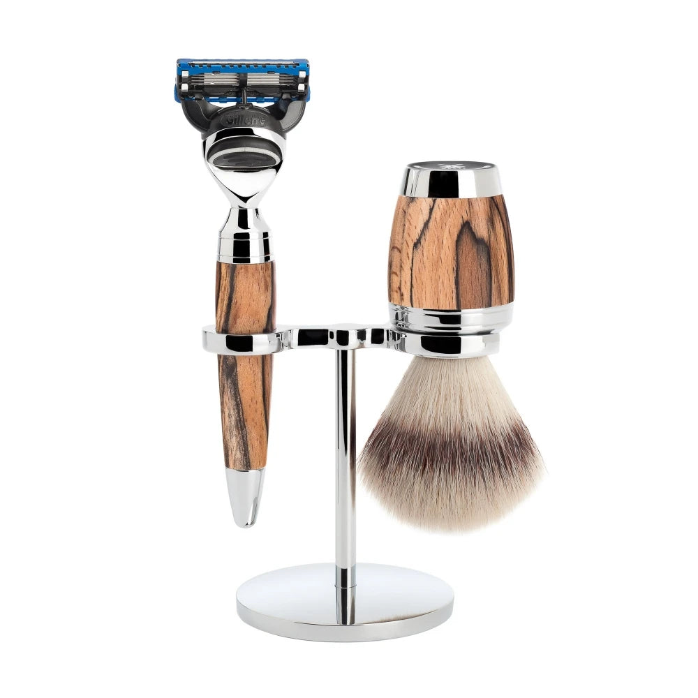 Shaving kit with Shaver, Fibre Shaving Brush and Holder, Stylo, Spalted Beech
