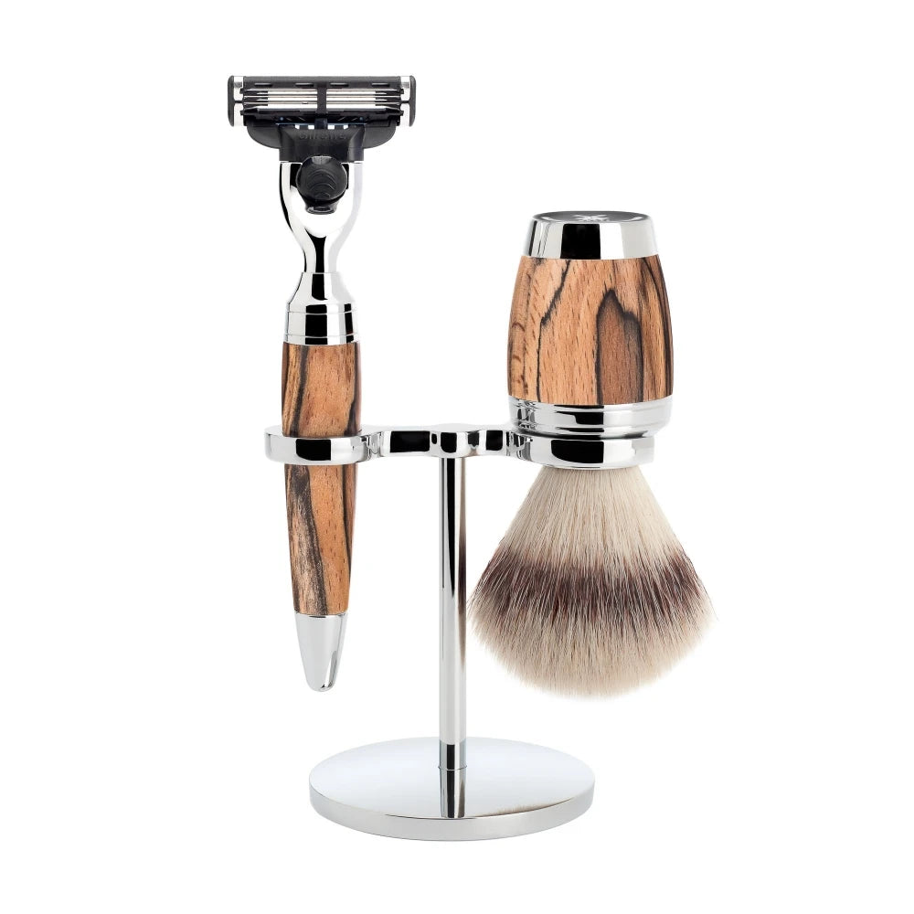 Shaving kit with Mach3 Shaver, Fibre Shaving Brush and Holder, Stylo, Spalted Beech