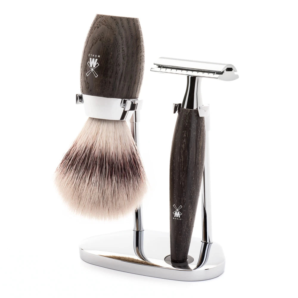 Shaving kit with DE razor, Fibre Shaving Brush and Holder, Kosmo, Mose Oak
