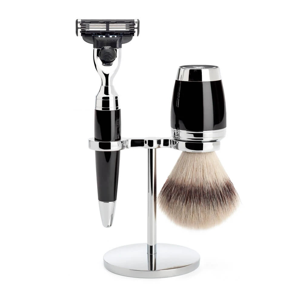 Shaving kit with Mach3 Shaver, Silvertip Fibre® Shaving Brush and Holder, Stylo, Black Resin