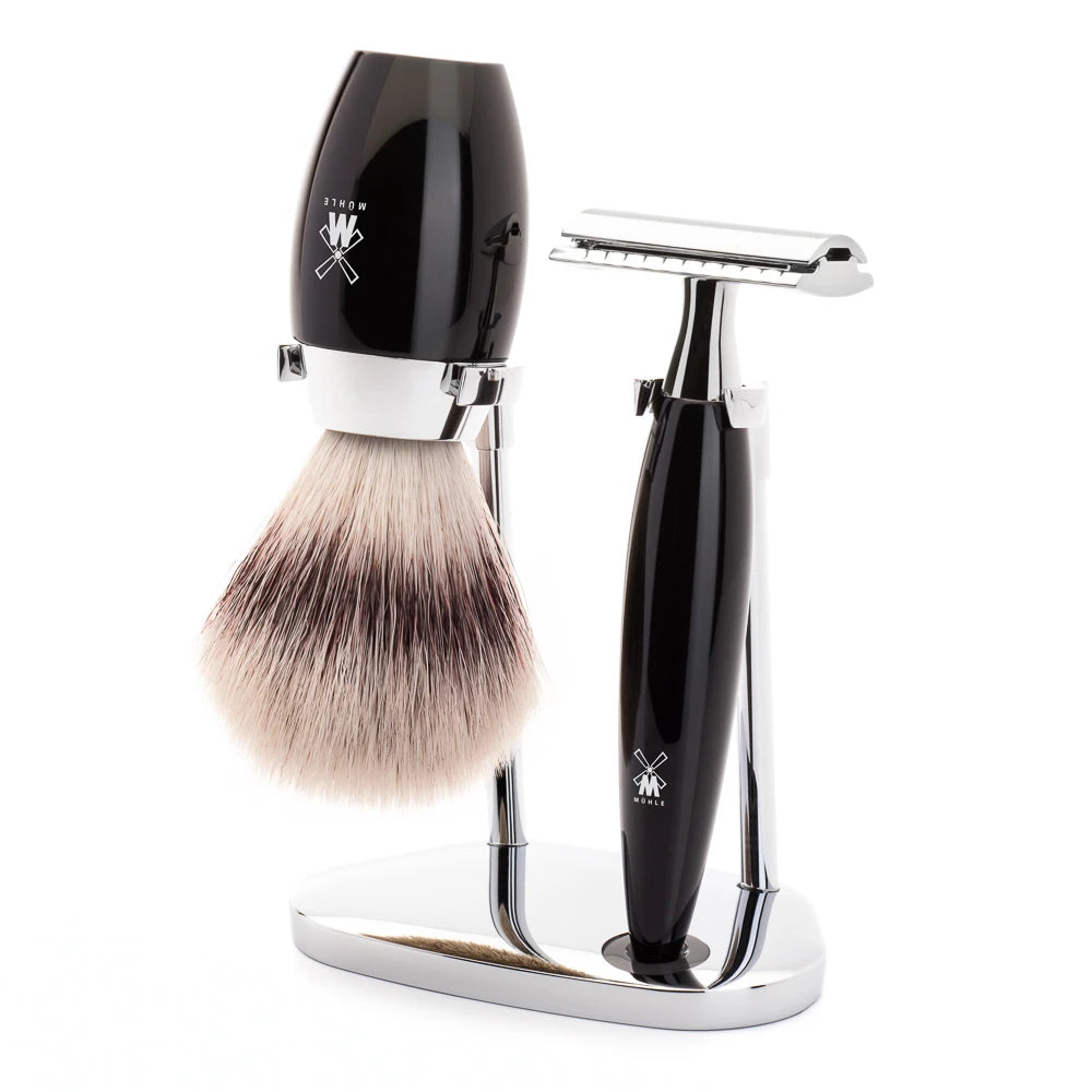 Shaving kit with DE razor, Shaving Brush and Holder, Kosmo, Black Resin