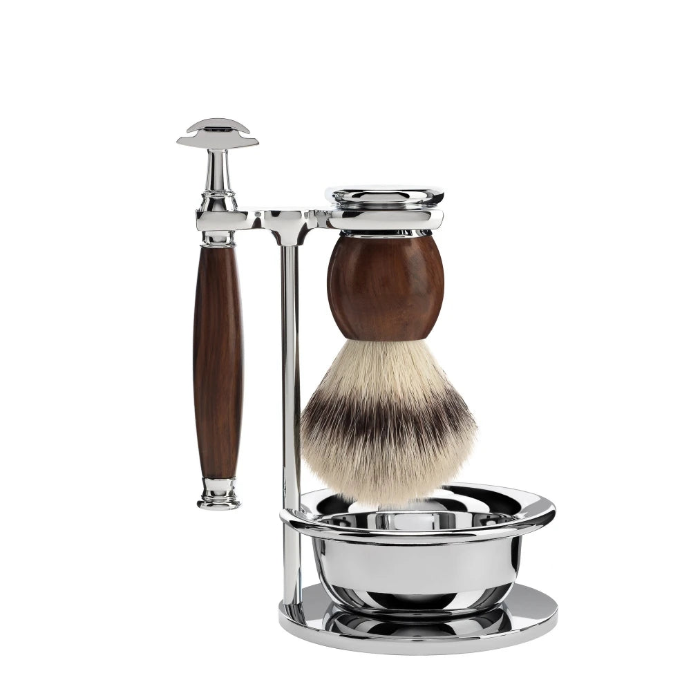 Shaving set with DE razor, Fibre Shaving Brush, Holder and Bowl, Sophist, Ironwood
