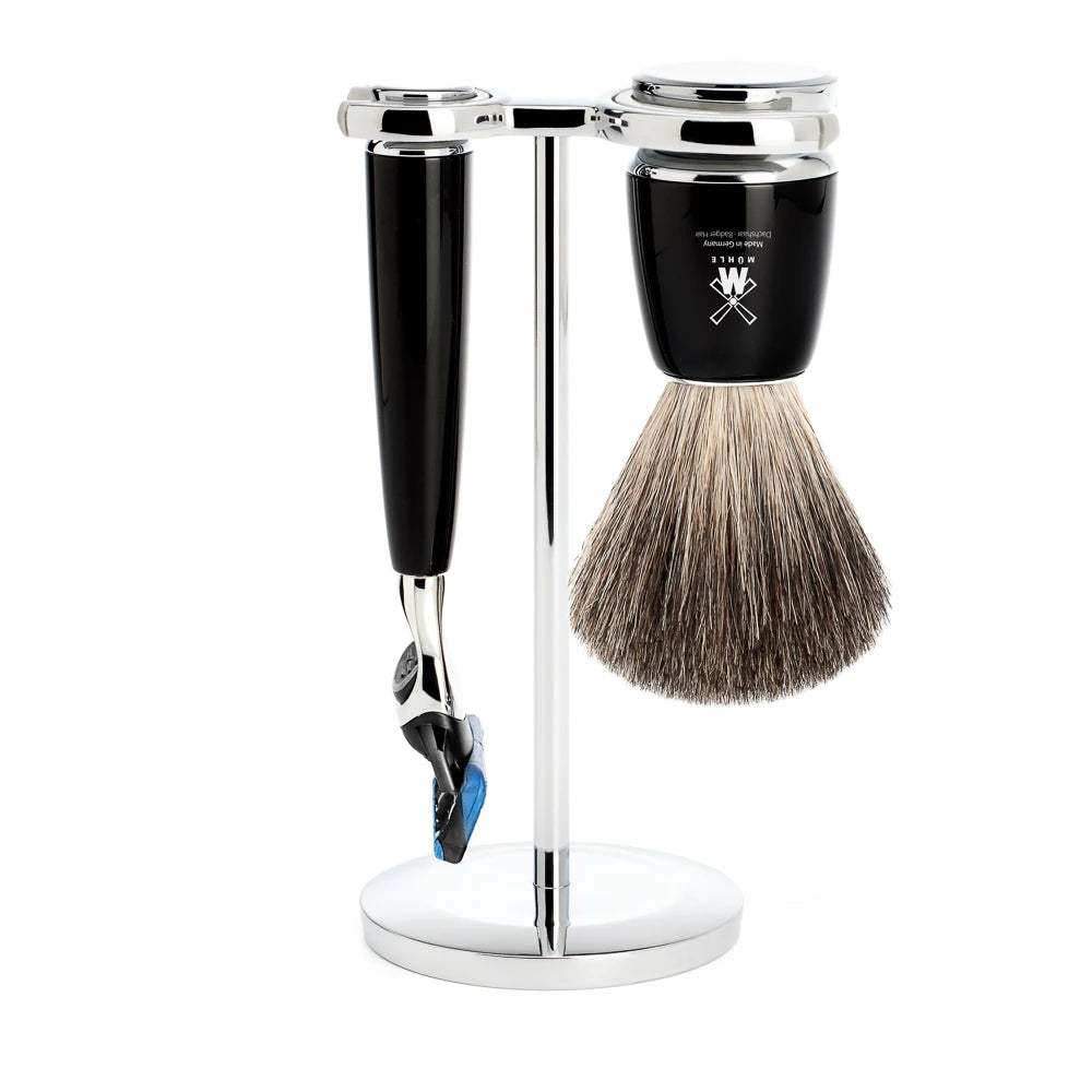 Shaving kit with Shaver, Shaving Brush and Holder, Rytmo, Black Resin